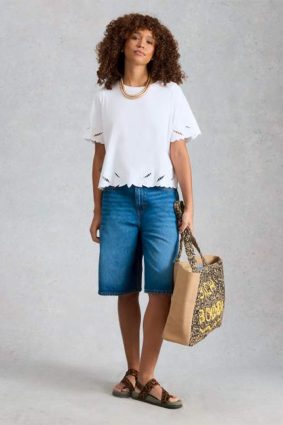 White Stuff organic cotton white tee with cutwork sleeve and hem detailing