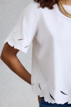 White Stuff organic cotton white tee with cutwork sleeve and hem detailing