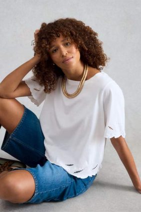 White Stuff organic cotton white tee with cutwork sleeve and hem detailing