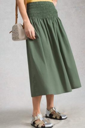 White Stuff Suri Shirred Midi Skirt Mid Green