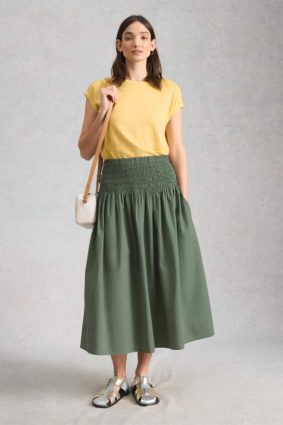 White Stuff Suri Shirred Midi Skirt Mid Green