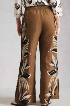 White Stuff Ally botanical print linen wide leg trouser in brown