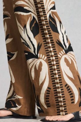 White Stuff Ally botanical print linen wide leg trouser in brown