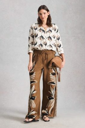 White Stuff Ally botanical print linen wide leg trouser in brown