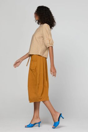 Boom Shankar Ava Top Mustard Stripe with puff sleeves and button back