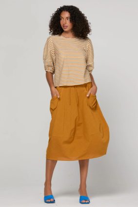 Boom Shankar Ava Top Mustard Stripe with puff sleeves and button back