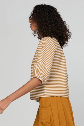 Boom Shankar Ava Top Mustard Stripe with puff sleeves and button back