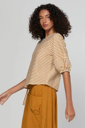 Boom Shankar Ava Top Mustard Stripe with puff sleeves and button back