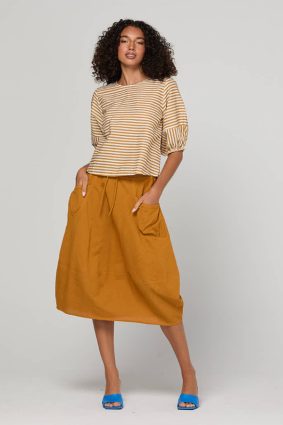 Boom Shankar Ava Top Mustard Stripe with puff sleeves and button back