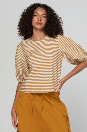 Boom Shankar Ava Top Mustard Stripe with puff sleeves and button back