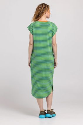 Boom Shankar Bellissimo Dress Honeydew in honeydew green and blue stripes with a chilli orange collar