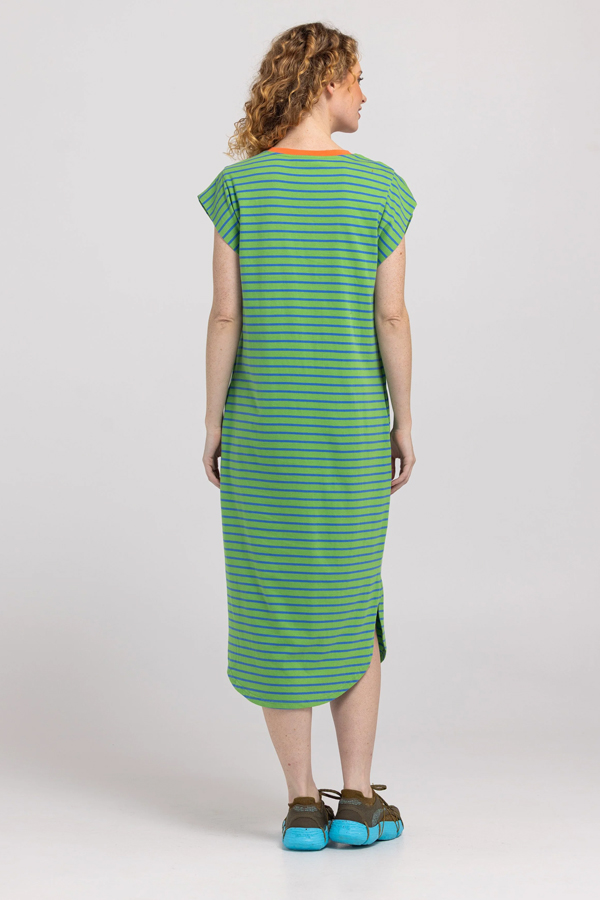 Boom Shankar Bellissimo Dress Honeydew in honeydew green and blue stripes with a chilli orange collar