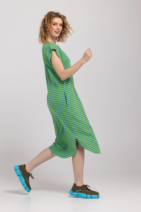 Boom Shankar Bellissimo Dress Honeydew in honeydew green and blue stripes with a chilli orange collar