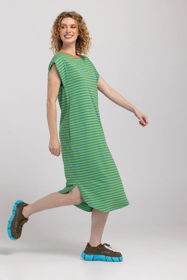 Boom Shankar Bellissimo Dress Honeydew in honeydew green and blue stripes with a chilli orange collar