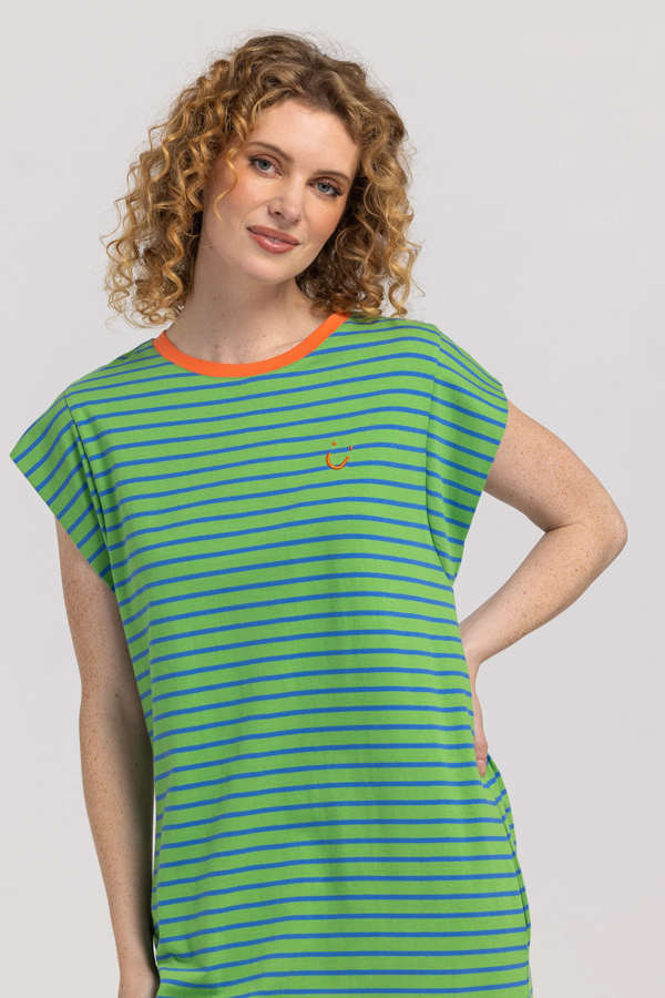Boom Shankar Bellissimo Dress Honeydew in honeydew green and blue stripes with a chilli orange collar