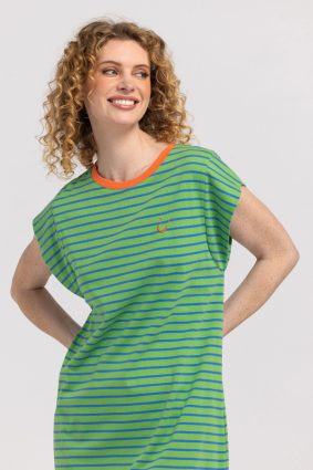 Boom Shankar Bellissimo Dress Honeydew in honeydew green and blue stripes with a chilli orange collar