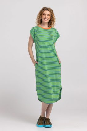 Boom Shankar Bellissimo Dress Honeydew in honeydew green and blue stripes with a chilli orange collar