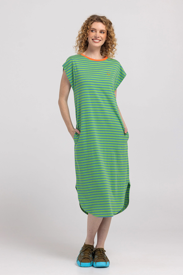 Boom Shankar Bellissimo Dress Honeydew in honeydew green and blue stripes with a chilli orange collar