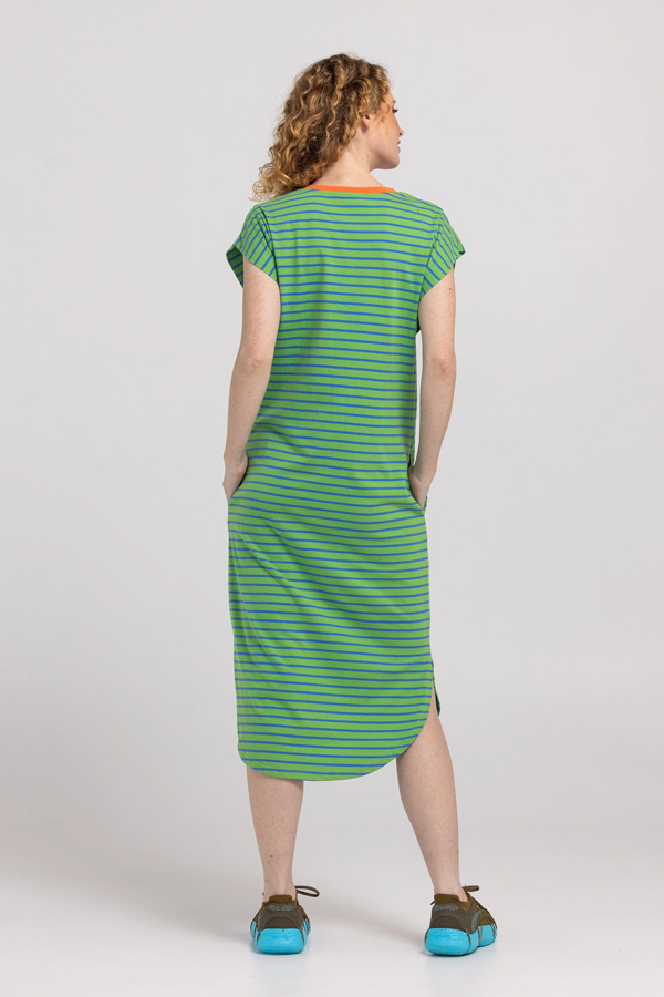 Boom Shankar Bellissimo Dress Honeydew in honeydew green and blue stripes with a chilli orange collar