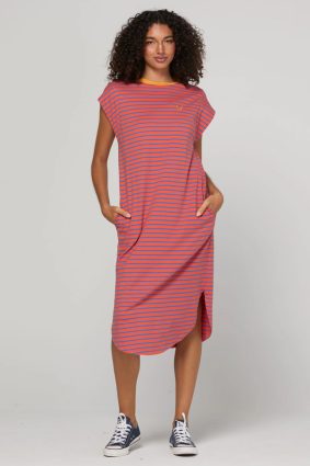 Boom Shankar Bellissimo Dress Roma in red and blue stripes with a mandarin collar