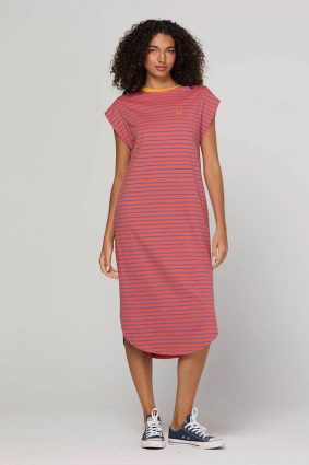 Boom Shankar Bellissimo Dress Roma in red and blue stripes with a mandarin collar
