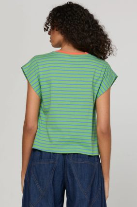 Boom Shankar Bellissimo Tee Honeydew in honeydew green and blue stripes with a chilli orange collar