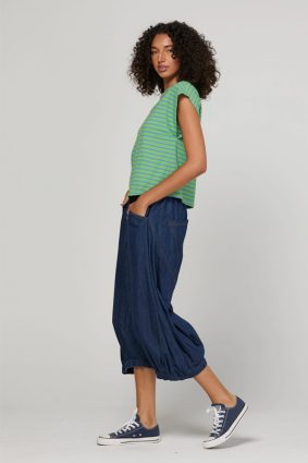 Boom Shankar Bellissimo Tee Honeydew in honeydew green and blue stripes with a chilli orange collar