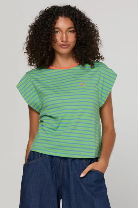 Boom Shankar Bellissimo Tee Honeydew in honeydew green and blue stripes with a chilli orange collar