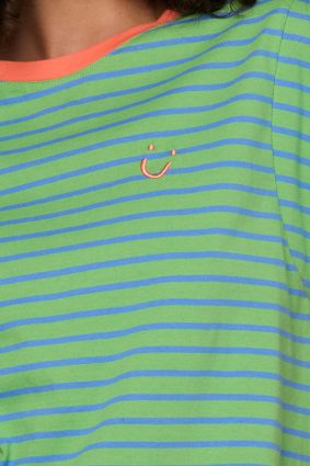 Boom Shankar Bellissimo Tee Honeydew in honeydew green and blue stripes with a chilli orange collar