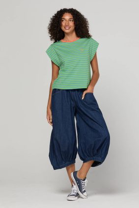 Boom Shankar Bellissimo Tee Honeydew in honeydew green and blue stripes with a chilli orange collar