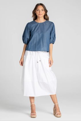 Boom Shankar Ava Top Mustard Stripe with puff sleeves and button back