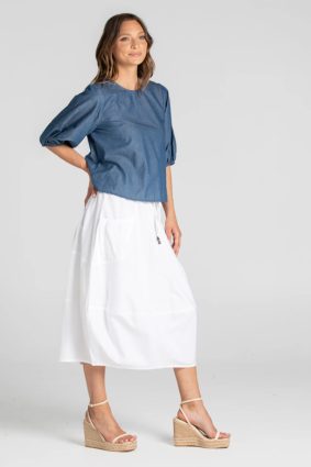 Boom Shankar Ava Top Mustard Stripe with puff sleeves and button back