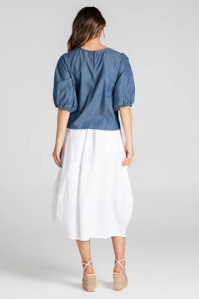 Boom Shankar Ava Top Mustard Stripe with puff sleeves and button back