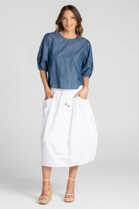 Boom Shankar Ava Top Mustard Stripe with puff sleeves and button back