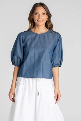 Boom Shankar Ava Top Mustard Stripe with puff sleeves and button back