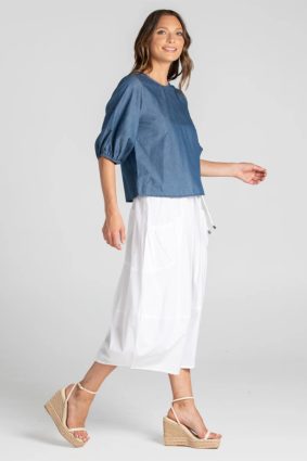 Boom Shankar Ava Top Mustard Stripe with puff sleeves and button back