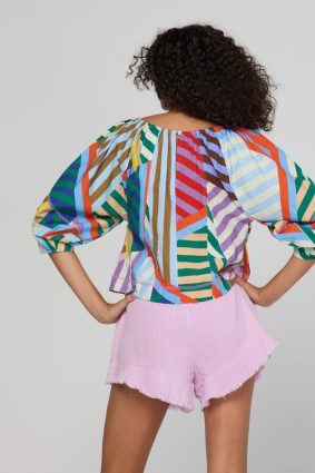 Boom Shankar Lucia Top Liquorice Stripe in multicoloured cotton seersucker with balloon sleeves