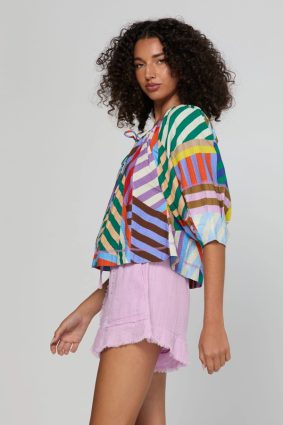 Boom Shankar Lucia Top Liquorice Stripe in multicoloured cotton seersucker with balloon sleeves