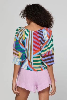 Boom Shankar Lucia Top Liquorice Stripe in multicoloured cotton seersucker with balloon sleeves