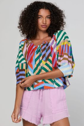 Boom Shankar Lucia Top Liquorice Stripe in multicoloured cotton seersucker with balloon sleeves