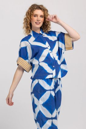 Boom Shankar Maui Shirt Block Print Mediterranean blue geometric print cotton shirt