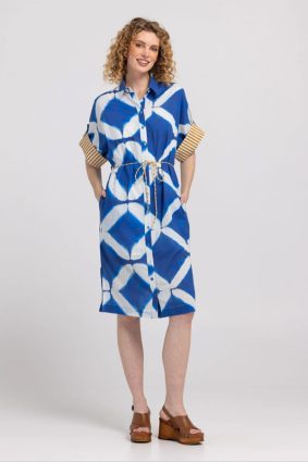 Boom Shankar Maui Shirt Dress Block Print Mediterranean blue geometric print cotton dress