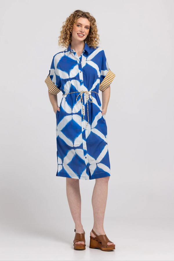 Boom Shankar Maui Shirt Dress Block Print Mediterranean blue geometric print cotton dress