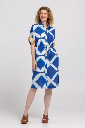 Boom Shankar Maui Shirt Dress Block Print Mediterranean blue geometric print cotton dress