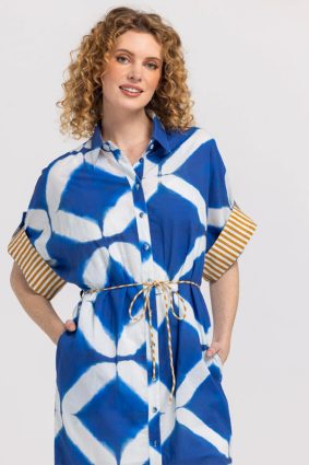 Boom Shankar Maui Shirt Dress Block Print Mediterranean blue geometric print cotton dress