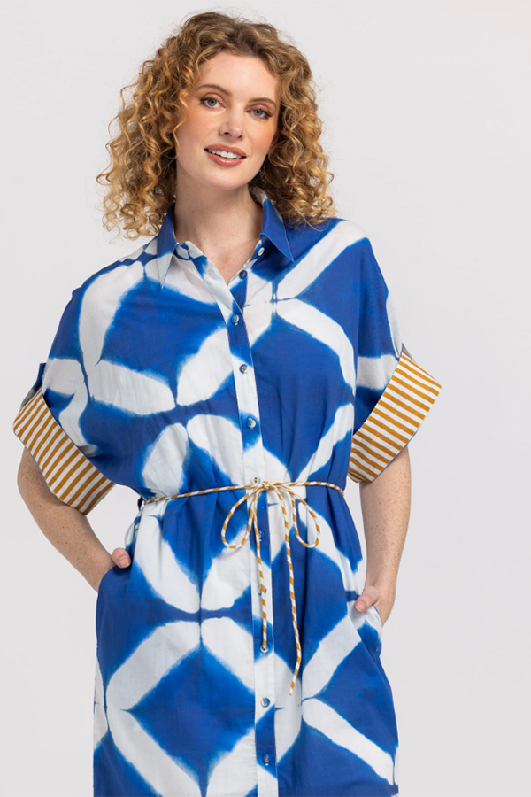 Boom Shankar Maui Shirt Dress Block Print Mediterranean blue geometric print cotton dress