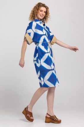 Boom Shankar Maui Shirt Dress Block Print Mediterranean blue geometric print cotton dress