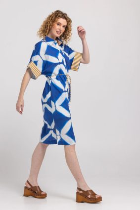 Boom Shankar Maui Shirt Dress Block Print Mediterranean blue geometric print cotton dress