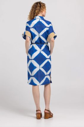 Boom Shankar Maui Shirt Dress Block Print Mediterranean blue geometric print cotton dress