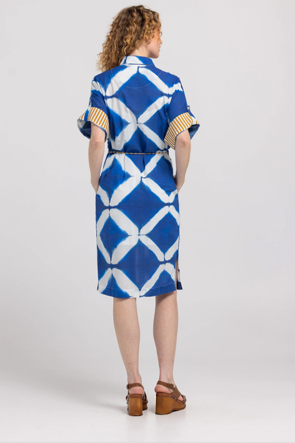 Boom Shankar Maui Shirt Dress Block Print Mediterranean blue geometric print cotton dress